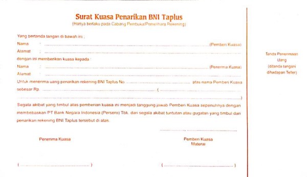 Bagian belakang formulir penarikan rekening BNI - Wira Asmo