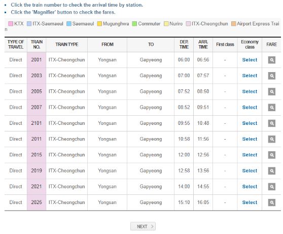 Pilih jadwal yang diinginkan - Cara Membeli Tiket ITX Train ke Nami Island